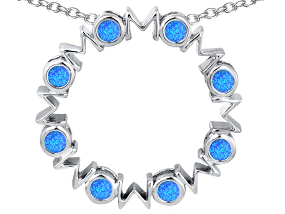 Star K Large MOM Circle Mother's Pendant Necklace with Round Blue Created Opal