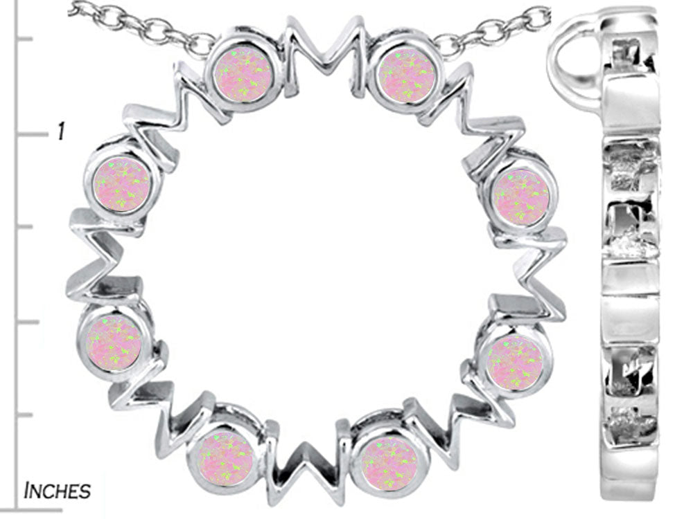 Star K Large MOM Circle Mother's Pendant Necklace with Round Pink Created Opal