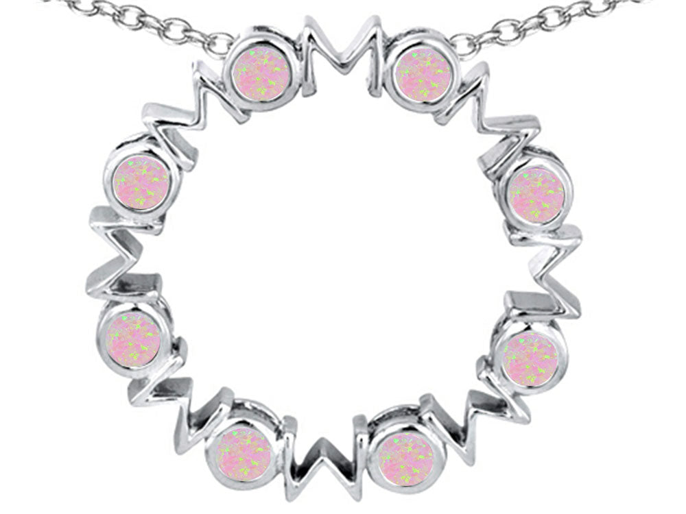 Star K Large MOM Circle Mother's Pendant Necklace with Round Pink Created Opal