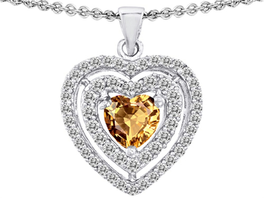 Star K 6mm Heart Shape Simulated Imperial Yellow Topaz Heart Double Halo Pendant Necklace