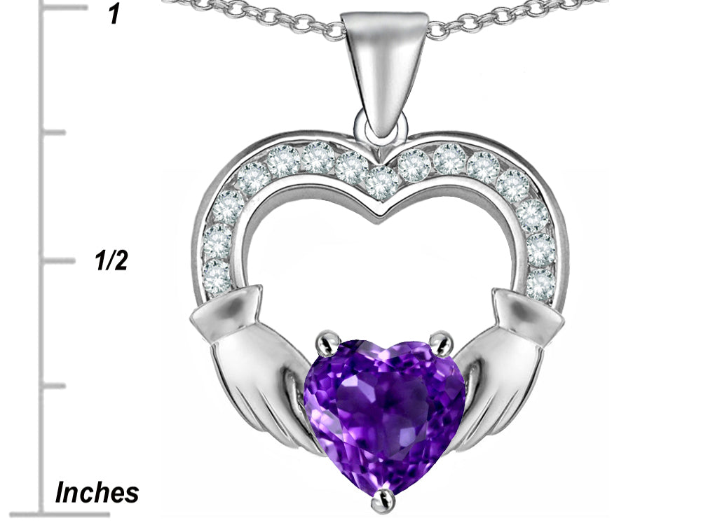 Star K Hands Holding 8mm Heart Claddagh Pendant Necklace With Simulated Amethyst