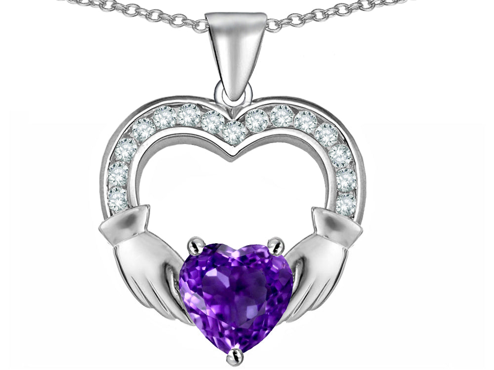 Star K Hands Holding 8mm Heart Claddagh Pendant Necklace With Simulated Amethyst