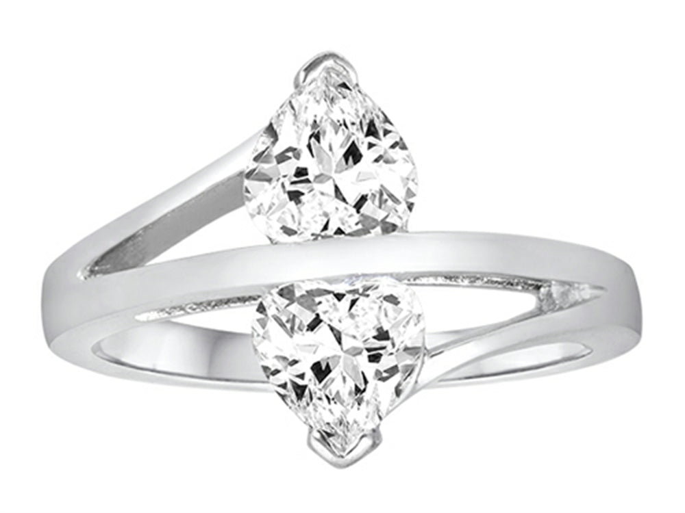 Star K Double Hearts Bypass Ring with Heart Shape Genuine White Topaz Ring