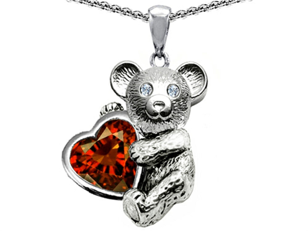 Star K Love Bear Hugging Birth Month of January 8mm Heart Shape Simulated Garnet Pendant Necklace