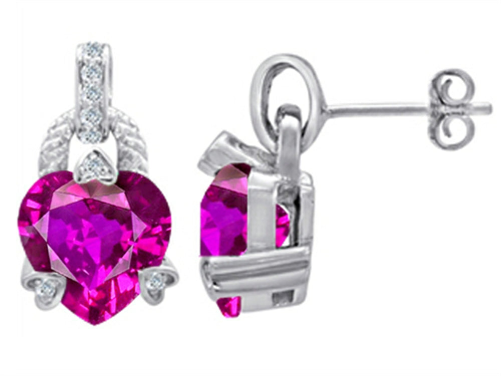 Star K Heart Shape Created Pink Sapphire Designer Hanging Drop Earrings