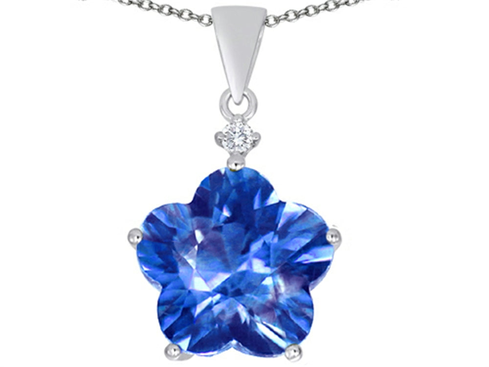 Star K Large 14mm Flower Shape Star Pendant Necklace with Simulated Blue Topaz