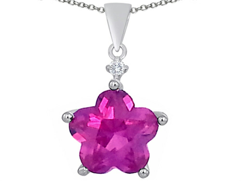 Star K Large 14mm Flower Shape Star Pendant Necklace with Created Pink Sapphire
