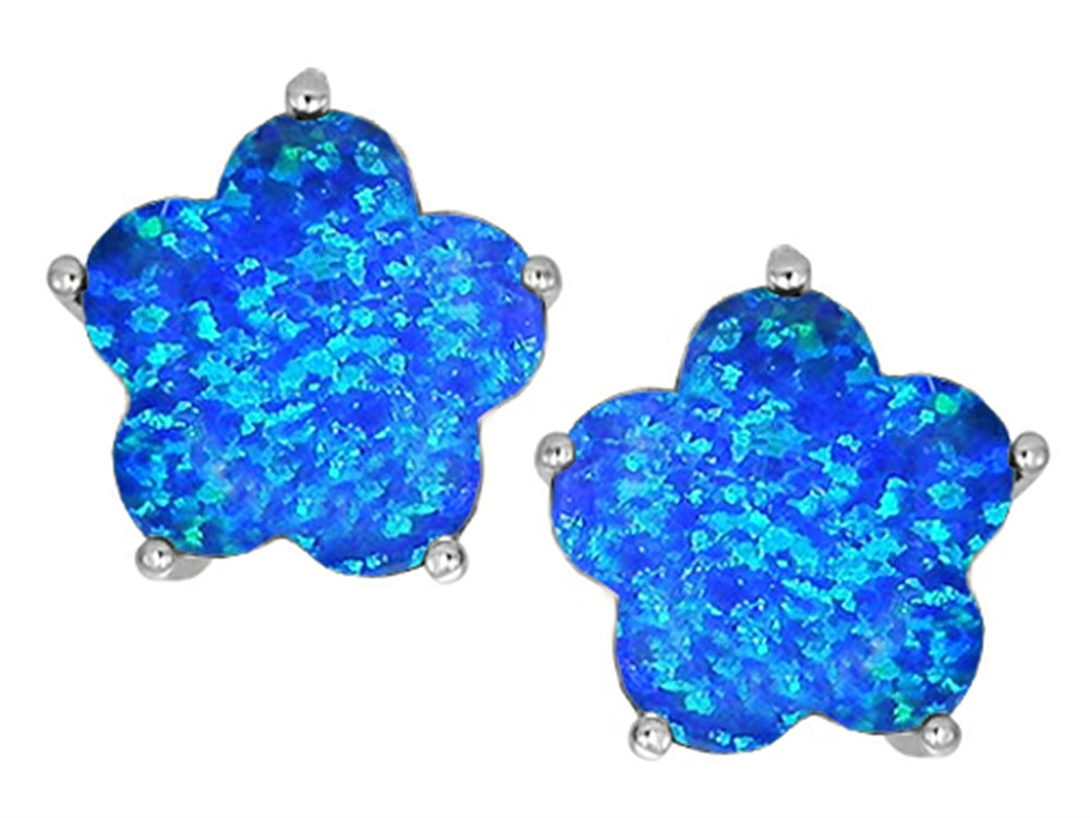 Star K Fancy Flower Shape Star Earrings Studs with Blue Created Opal
