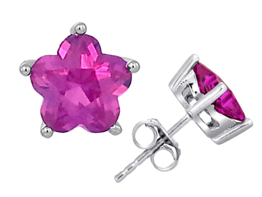 Star K Fancy Flower Shape Star Earrings Studs with Created Pink Sapphire