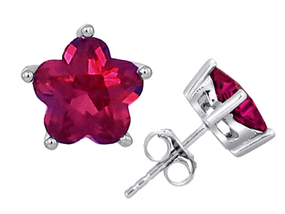 Star K Fancy Flower Shape Star Earrings Studs with Created Ruby