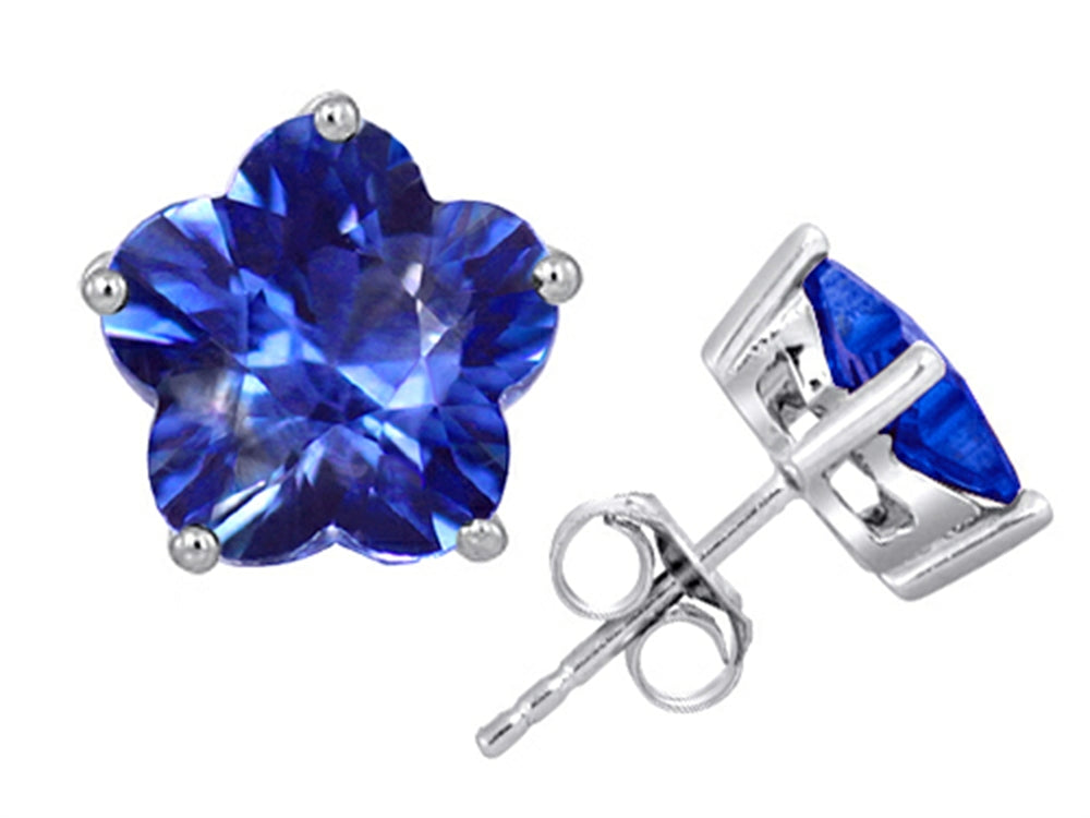 Star K Fancy Flower Shape Star Earrings Studs with Simulated Sapphire