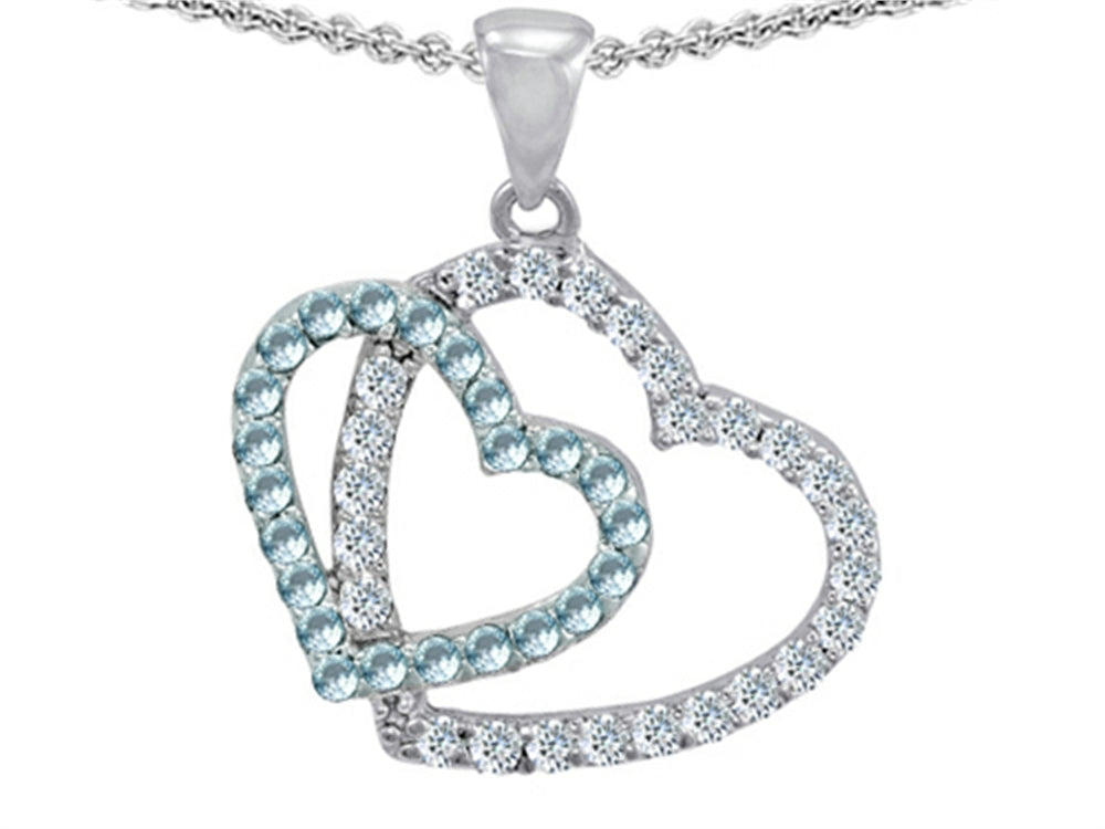 Star K Double Heart Love Pendant Necklace with Round Simulated Blue Topaz