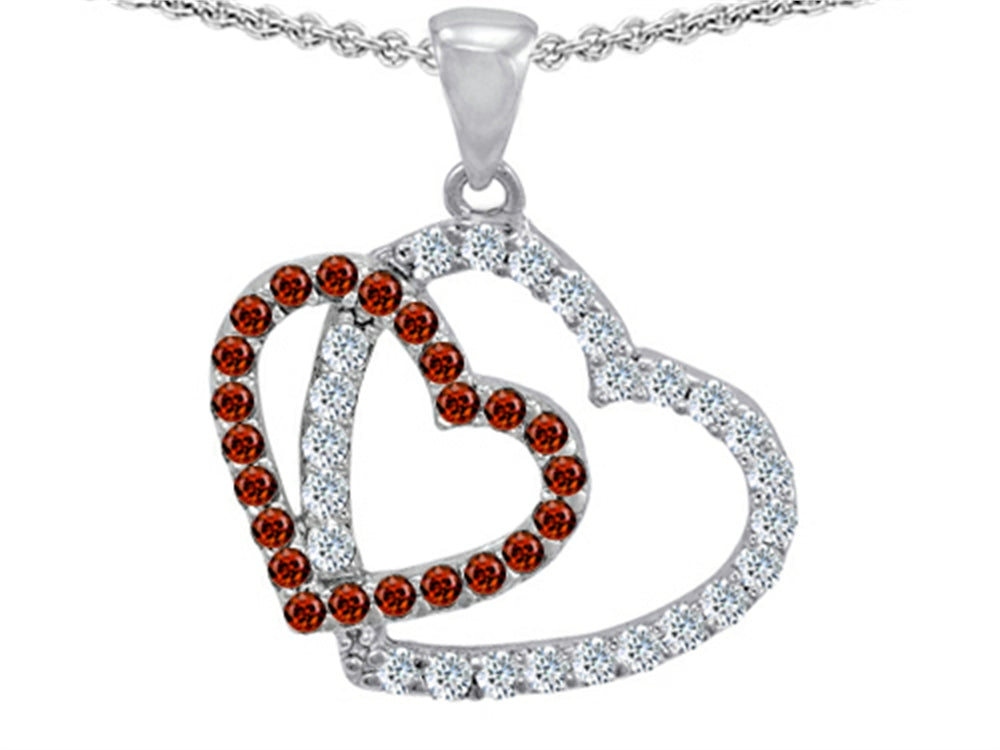 Star K Double Heart Love Pendant Necklace with Round Simulated Garnet