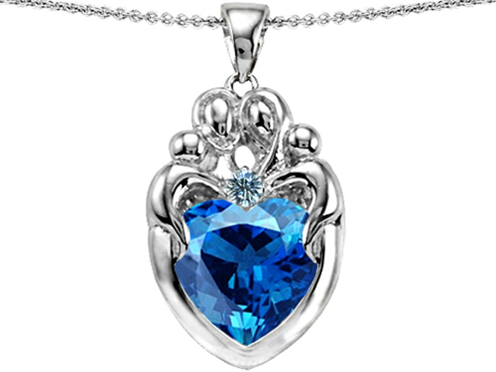 Star K Large Loving Mother Twins Family Pendant Necklace With 12mm Heart Simulated Blue Topaz