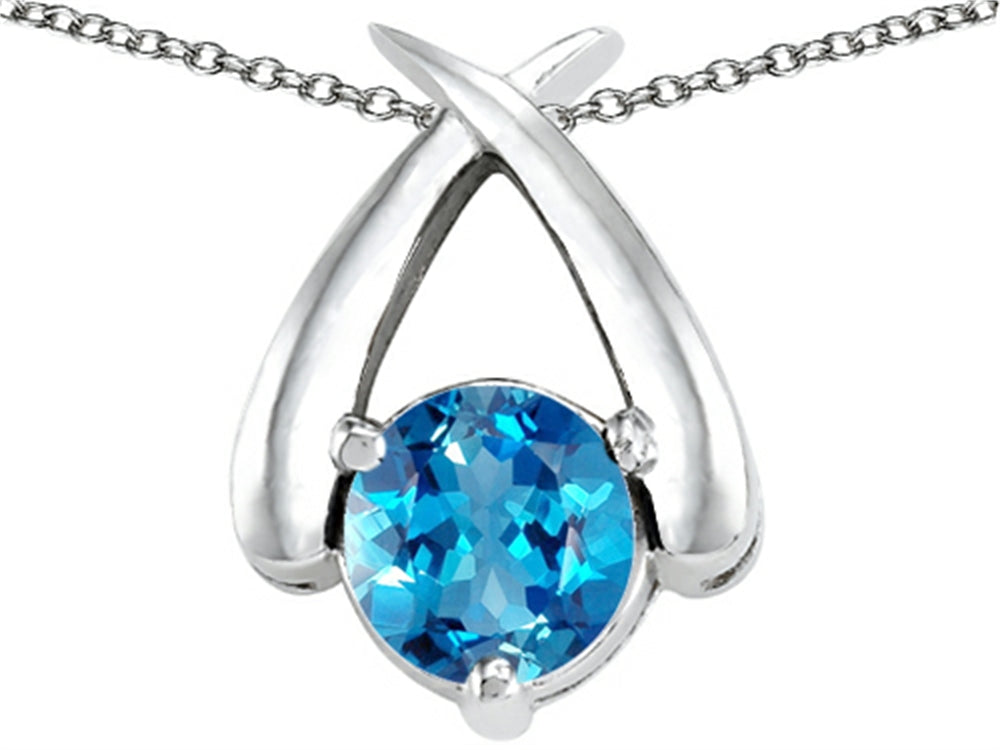 Star K XO Hug and Kiss Pendant Necklace with Round 7mm Simulated Blue Topaz
