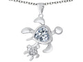 Star K Good Luck Mother and Child Turtle Pendant Necklace with Heart Shape Simulated White Topaz