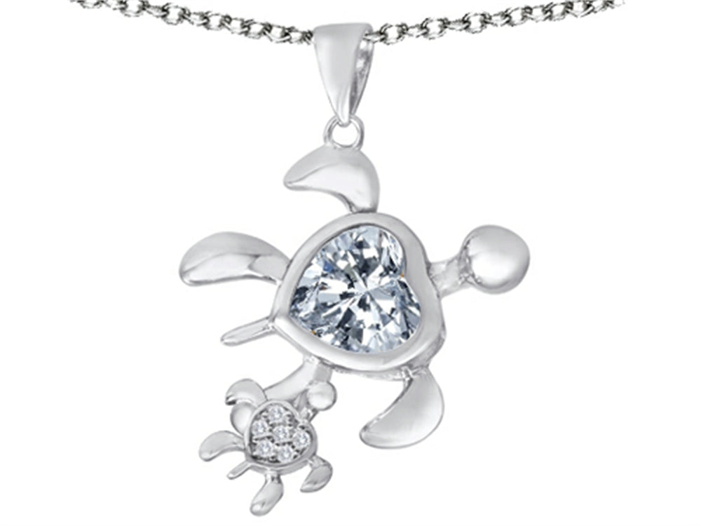 Star K Good Luck Mother and Child Turtle Pendant Necklace with Heart Shape Simulated White Topaz
