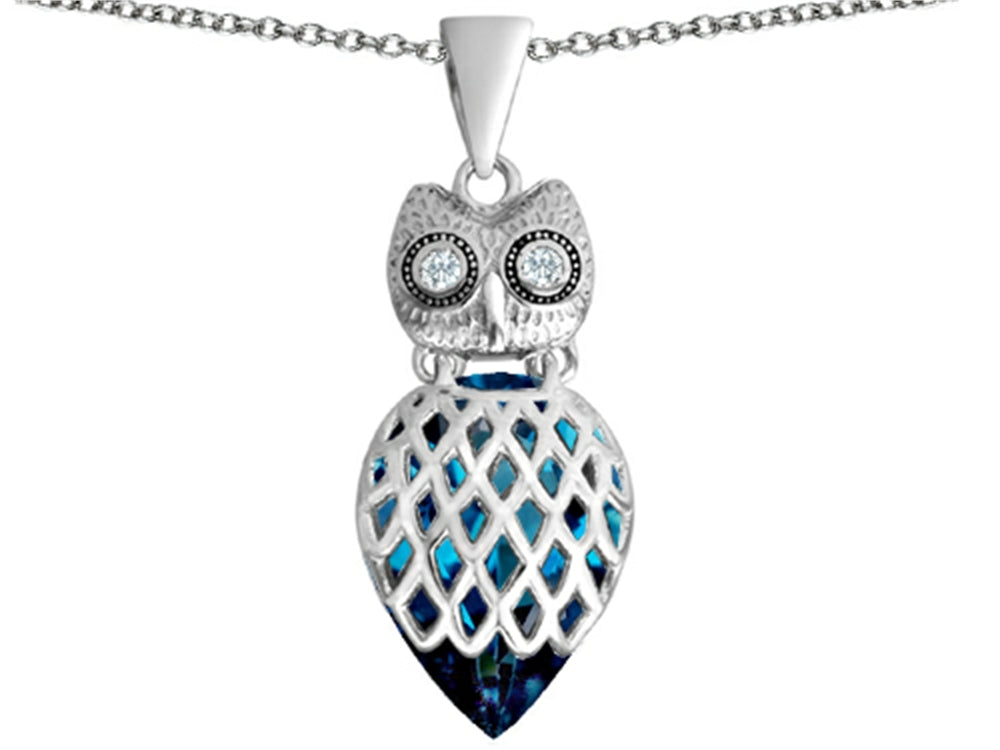 Star K Good Luck Owl Pendant Necklace with Pear Shape Simulated Blue Topaz