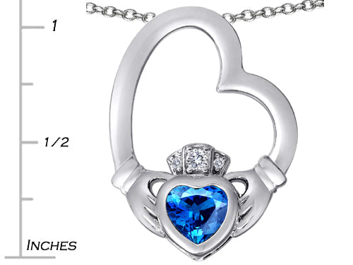 Star K Floating Heart Irish Claddagh Pendant Necklace with Heart Shape Simulated Blue Topaz