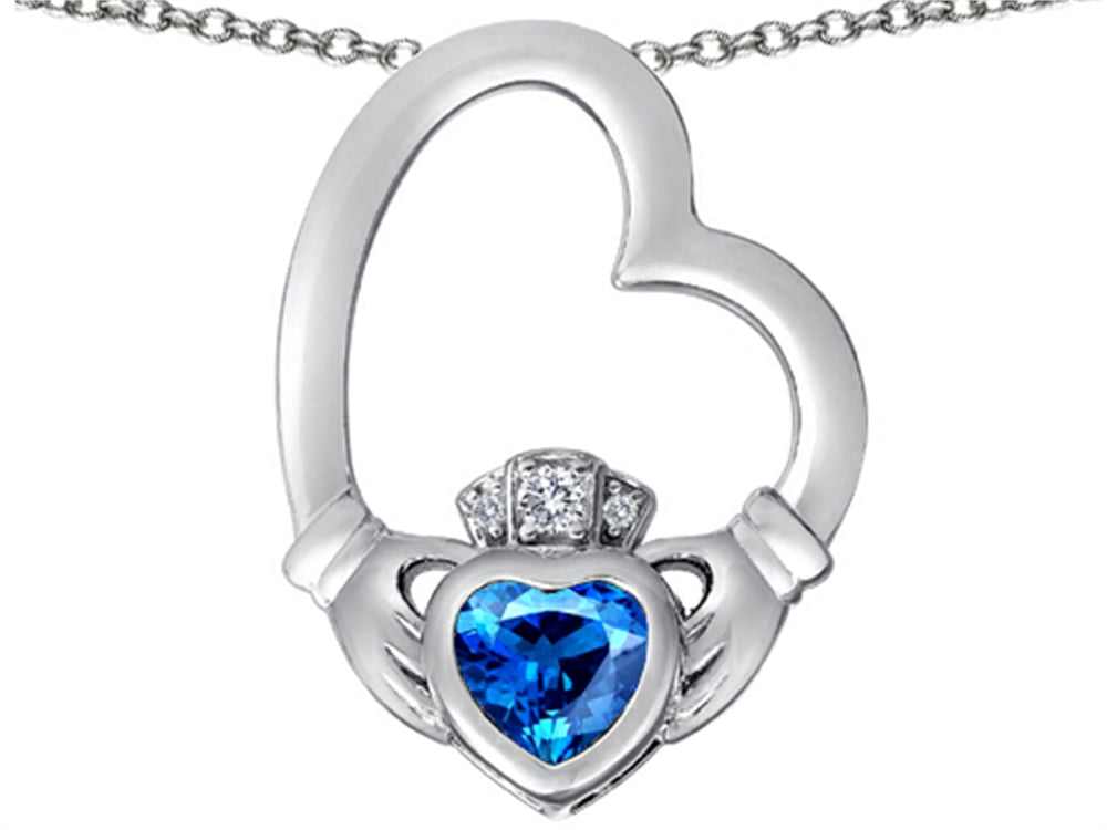 Star K Floating Heart Irish Claddagh Pendant Necklace with Heart Shape Simulated Blue Topaz