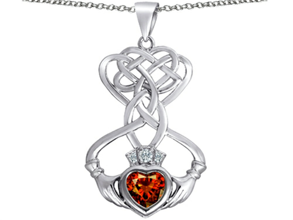 Star K Celtic Knot Claddagh Heart Pendant Necklace with Heart Shape Simulated Garnet