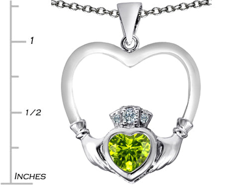 Star K Celtic Claddagh Heart Pendant Necklace with Heart Shape Simulated Peridot and Cubic Zirconia