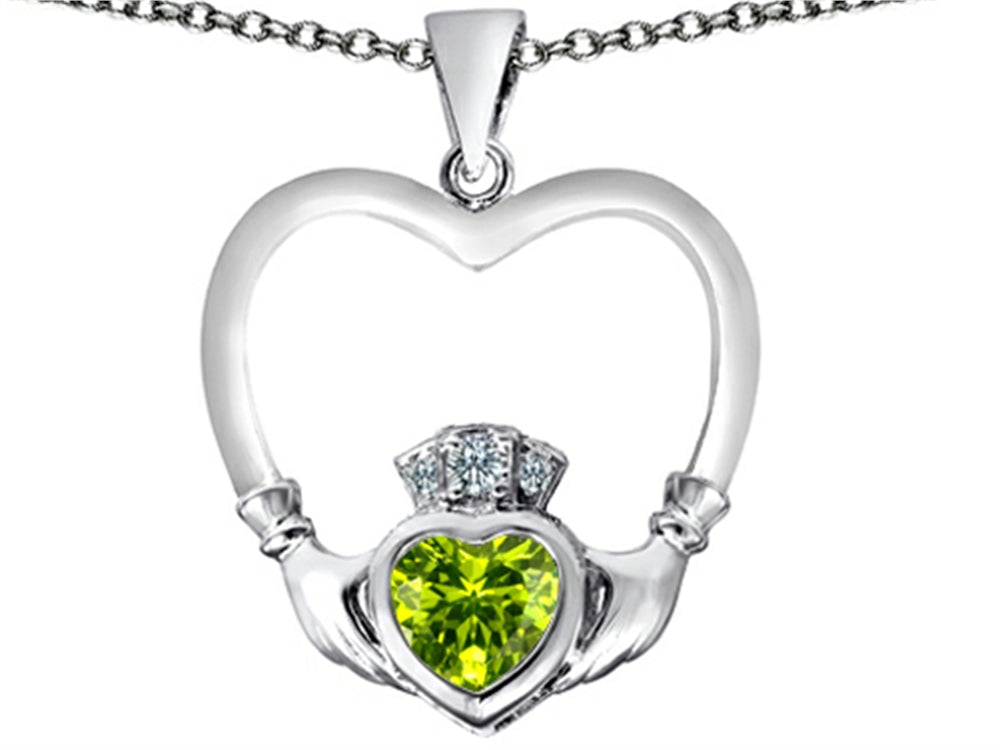 Star K Celtic Claddagh Heart Pendant Necklace with Heart Shape Simulated Peridot and Cubic Zirconia