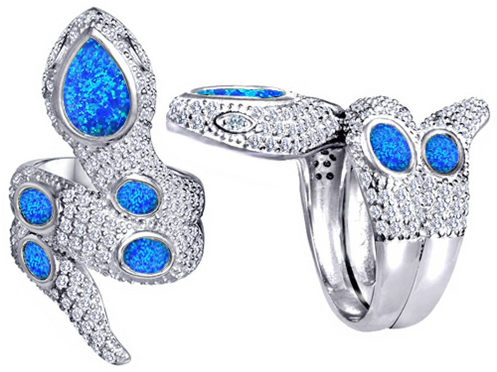 Star K Good Luck Snake Ring with Simulated Blue Opal Stones