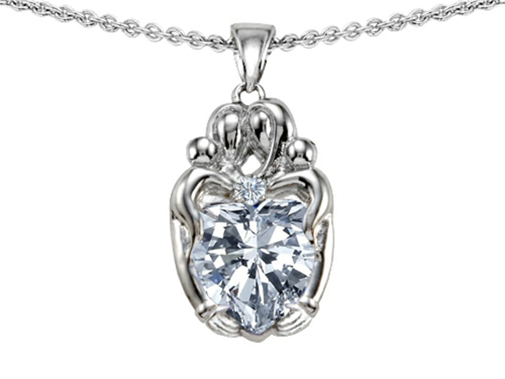 Star K Loving Mother And Twins Family Pendant Necklace With Heart Shape White Topaz