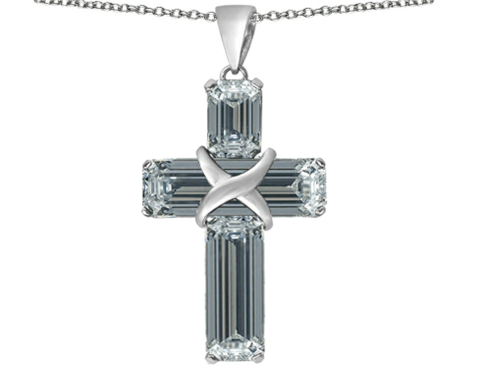 Star K Large Christian Cross Pendant Necklace with Emerald Cut Simulated White Topaz Stones