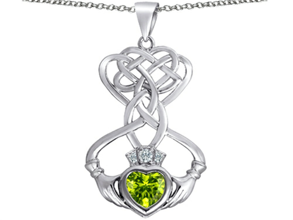 Star K Celtic Knot Claddagh Heart Pendant Necklace with Heart Shape Simulated Peridot and Cubic Zirconia