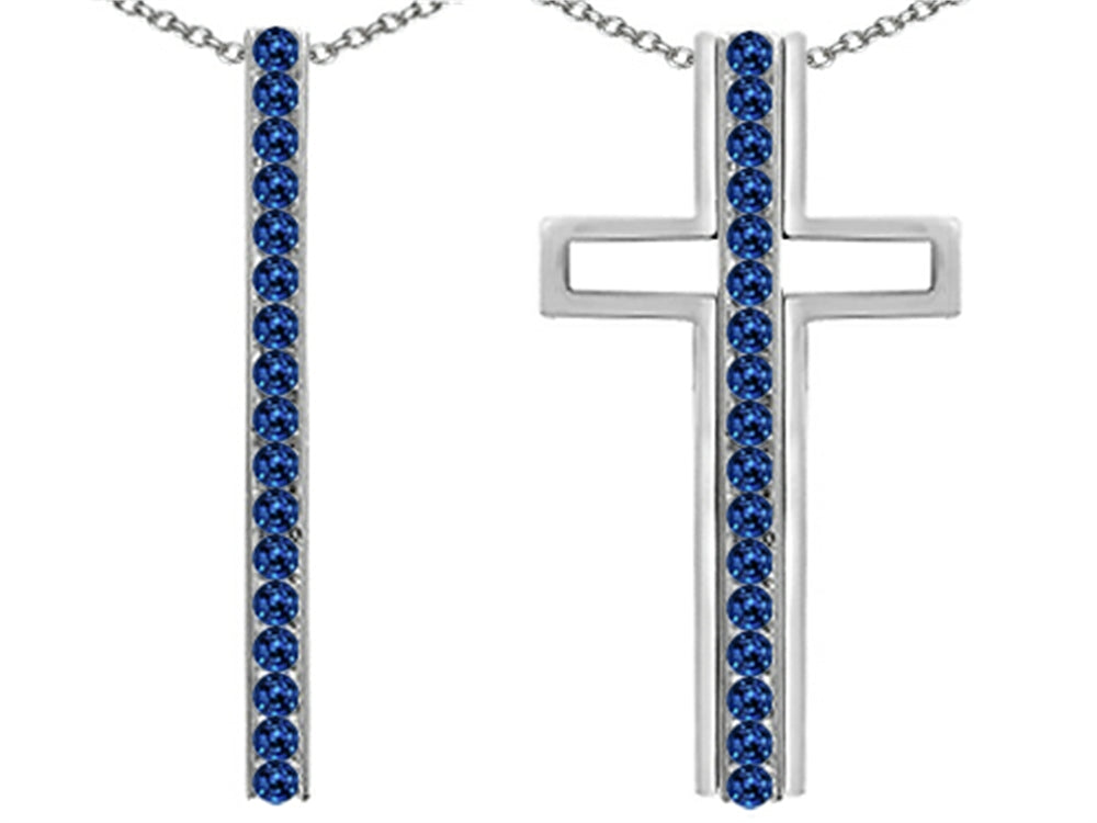 Star K  2 in 1 Straight Path Cross Pendant Necklace wtih Round Created Sapphire