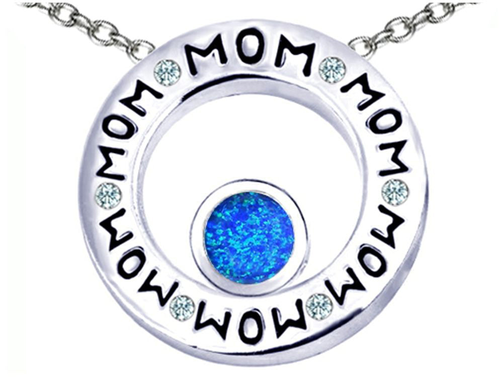 Star K MOM Circle Mothers Pendant Necklace with Round 7mm Blue Created Opal