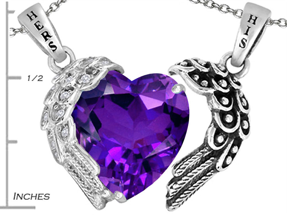Star K His and Hers winged Love Couple 2pcs Pendant Necklace set with Heart Shape 11mm Simulated Amethyst