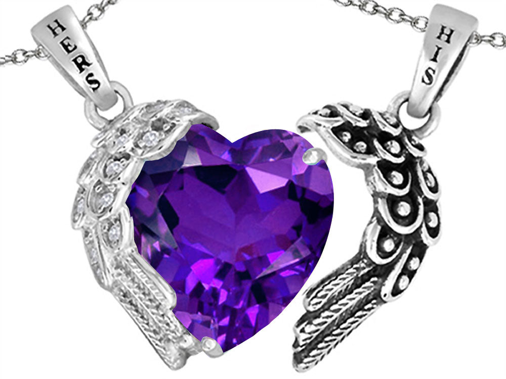 Star K His and Hers winged Love Couple 2pcs Pendant Necklace set with Heart Shape 11mm Simulated Amethyst