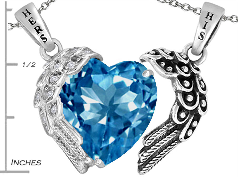 Star K His and Hers winged Love Couple 2pcs Pendant Necklace set with Heart Shape 11mm Simulated Blue Topaz
