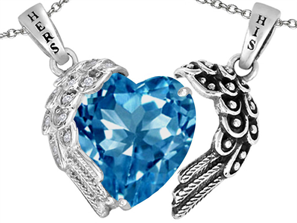 Star K His and Hers winged Love Couple 2pcs Pendant Necklace set with Heart Shape 11mm Simulated Blue Topaz
