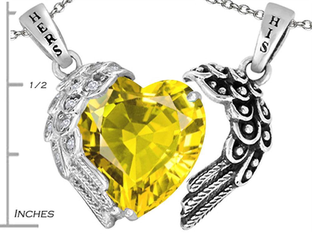 Star K His and Hers winged Love Couple 2pcs Pendant Necklace set with Heart Shape 11mm Simulated Citrine