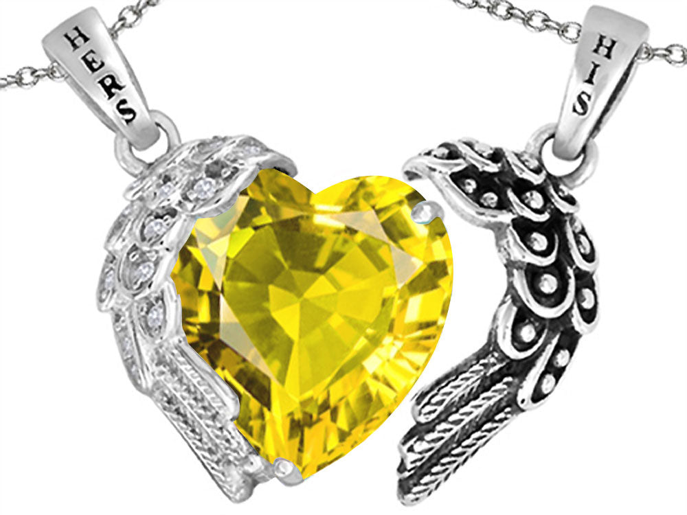 Star K His and Hers winged Love Couple 2pcs Pendant Necklace set with Heart Shape 11mm Simulated Citrine