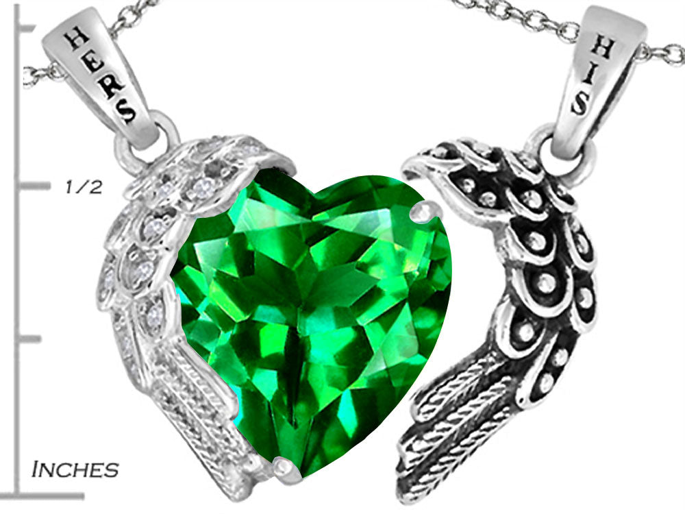 Star K His and Hers winged Love Couple 2pcs Pendant Necklace set with Heart Shape 11mm Simulated Emerald