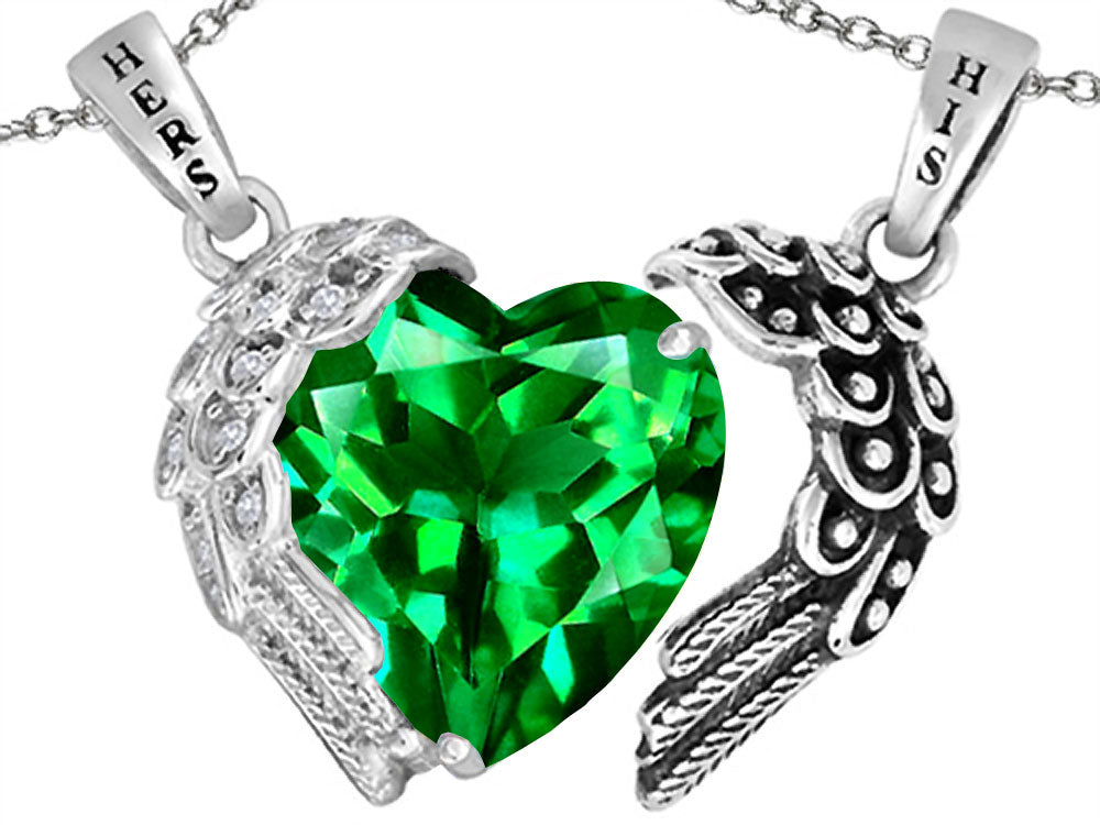 Star K His and Hers winged Love Couple 2pcs Pendant Necklace set with Heart Shape 11mm Simulated Emerald