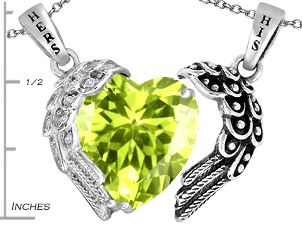 Star K His and Hers winged Love Couple 2pcs Pendant Necklace set with Heart Shape 11mm Simulated Peridot and C