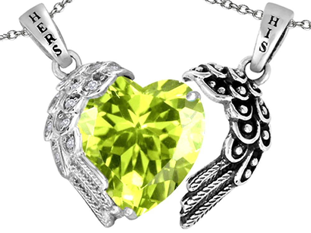 Star K His and Hers winged Love Couple 2pcs Pendant Necklace set with Heart Shape 11mm Simulated Peridot and C