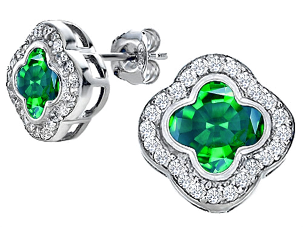 Star K Clover Earrings Studs with 8mm Clover Cut Simulated Emerald