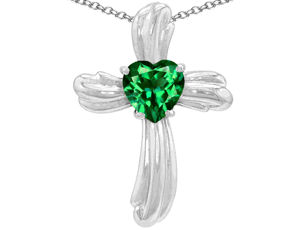 Star K 8mm Heart Shape Simulated Emerald Cross of Love Pendant Necklace