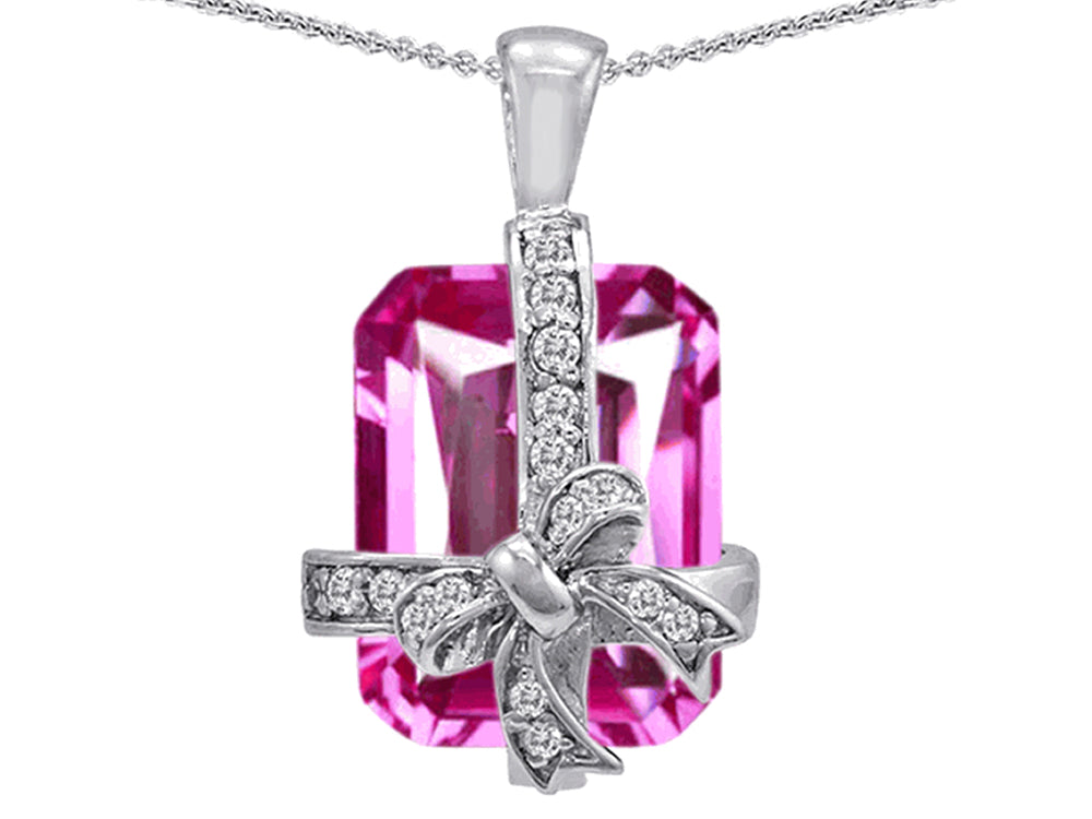 Star K Emerald Cut Simulated Pink Sapphire Gift Box Pendant Necklace