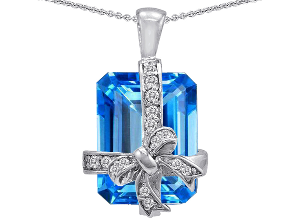 Star K Emerald Cut Simulated Blue Topaz Gift Box Pendant Necklace