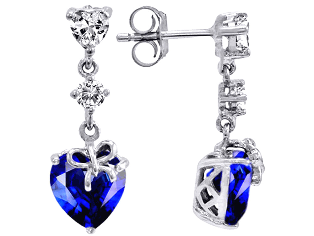 Star K Heart Shape Created Sapphire Ribbon Heart Dangling Studs