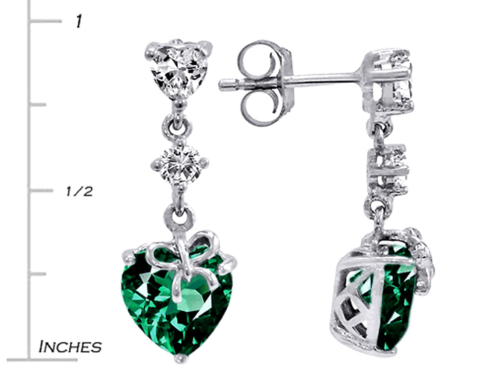 Star K Heart Shape Simulated Emerald Ribbon Heart Dangling Earrings Studs