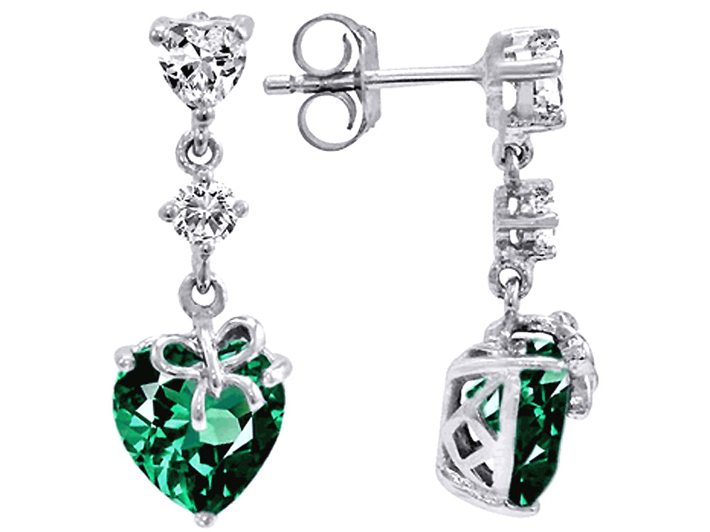 Star K Heart Shape Simulated Emerald Ribbon Heart Dangling Earrings Studs